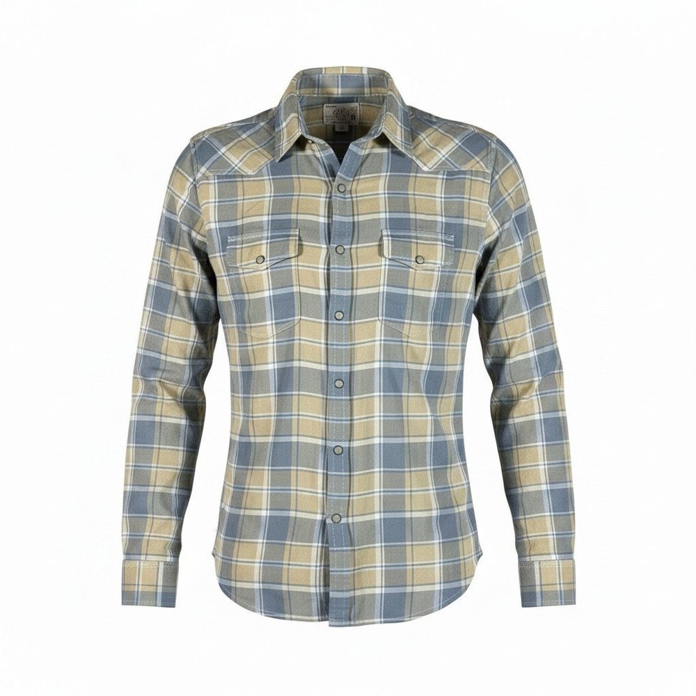 Lucky Brand Mens Western California Fit Blue Tan Plaid Pearl Snap Shirt Size M